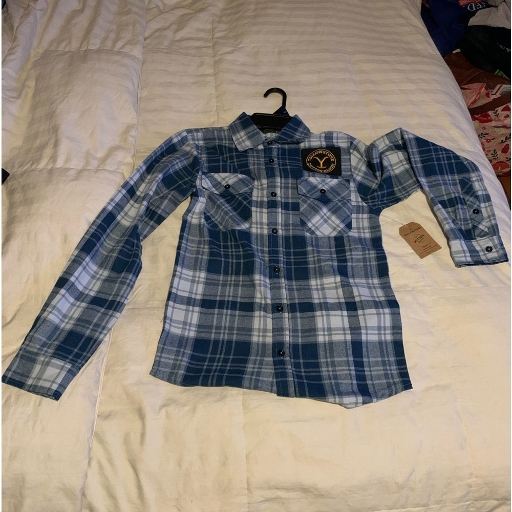 NWT Yellowstone Dalton Ranch XS Flannel blue and white plaid long sleeve - Picture 1 of 5